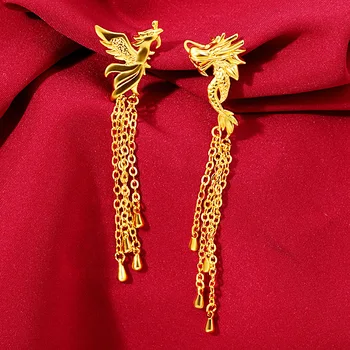 24K Yellow Gold Drop Earring For Women Chinese Retro Copper Dragon Phoenix Drop Earrings Wedding Anniversary Fine Jewelry Gifts
24K Yellow Gold Drop Earring For Women Chinese Retro Copper Dragon Phoenix Drop Earrings Wedding Anniversary Fine Jewelry Gifts