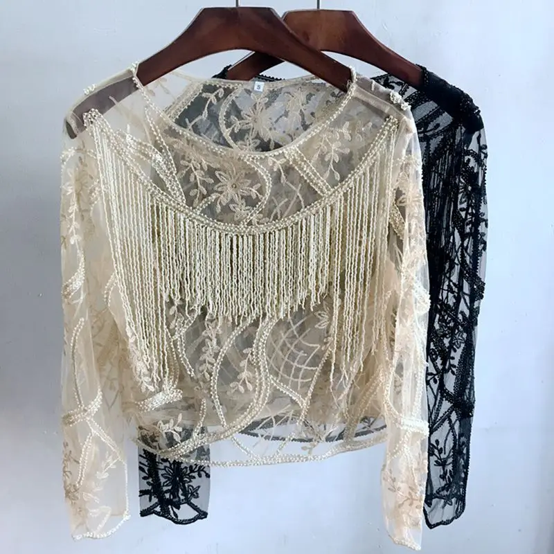 Women Short Blouses Spring Lace Sequins Beaded Tassels Pullovers Female Fashion Perspective T-Shirt for Party Clubs
Women Short Blouses Spring Lace Sequins Beaded Tassels Pullovers Female Fashion Perspective T-Shirt for Party Clubs