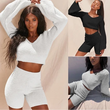 2020 Autumn Winter Fashion Two Piece Set Women's V-collar Top And Casual Short Trousers Suit Plush Trumpet Sleeve Women Clothes
2020 Autumn Winter Fashion Two Piece Set Women's V-collar Top And Casual Short Trousers Suit Plush Trumpet Sleeve Women Clothes