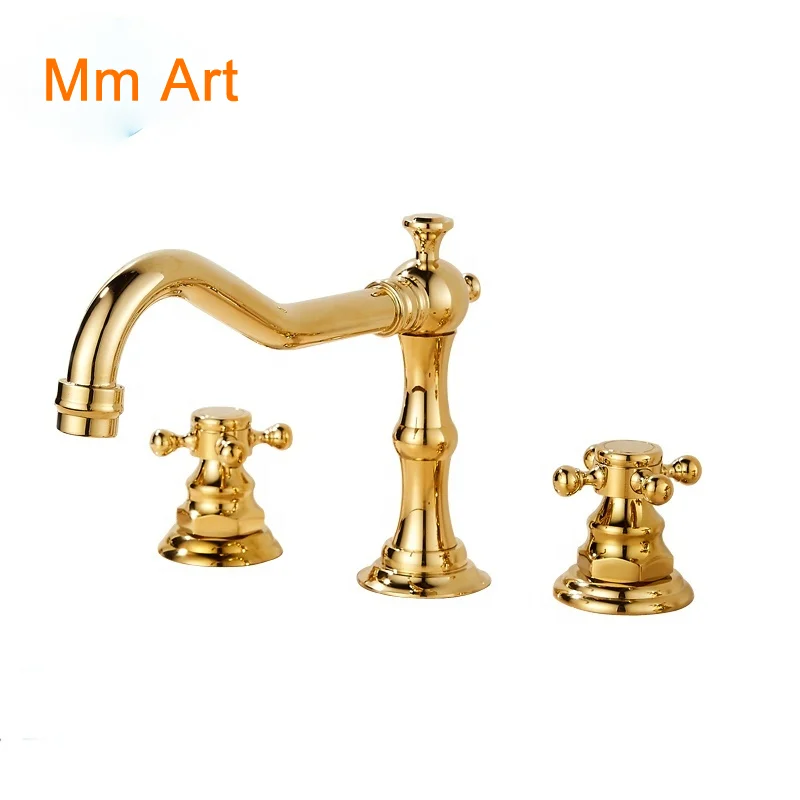 

Luxury Deck Mount Brass 3 Hole Bathroom Faucet Mixers Dual Handle Gold Basin Cold Hot Water Tap GF957