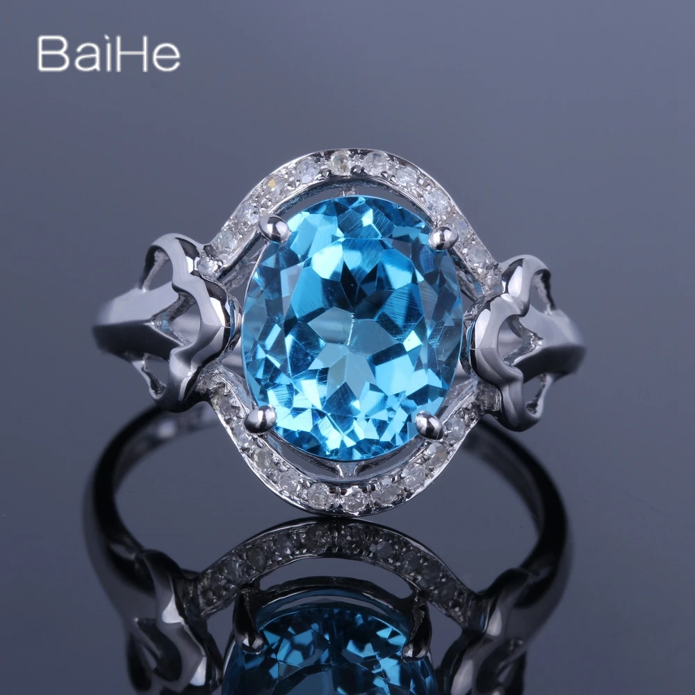 

BAIHE Solid 14K White Gold 4CT Blue Topaz Wedding Gift Engagement ring Women Trendy Fine Jewely Sweet Blue Topaz Ring