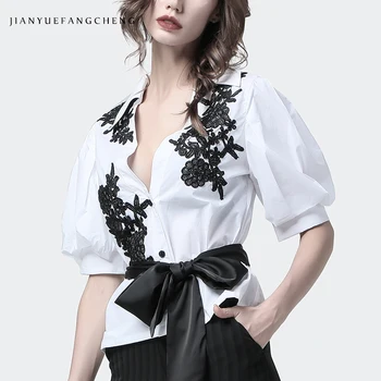 Fashion Embroidered White Cotton Shirt Women Plus Size 2020 Summer Tops Turn-down Collar With Belt Lace-up Office Ladies Blouses 
Fashion Embroidered White Cotton Shirt Women Plus Size 2020 Summer Tops Turn-down Collar With Belt Lace-up Office Ladies Blouses