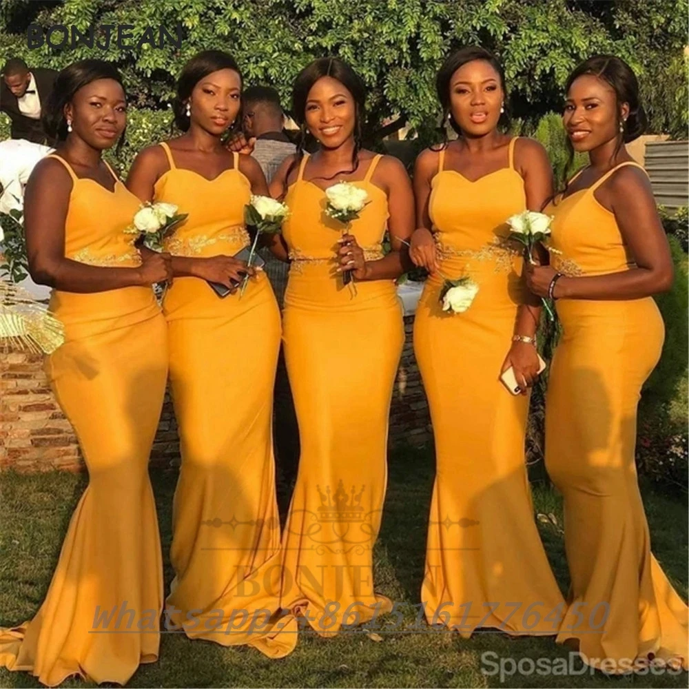 2021 African Bridesmaid Dresses Mermaid Straps Lace Appliques Elastic Satin Yellow Bridesmaid Dress Plus Size for Women Wedding
2021 African Bridesmaid Dresses Mermaid Straps Lace Appliques Elastic Satin Yellow Bridesmaid Dress Plus Size for Women Wedding