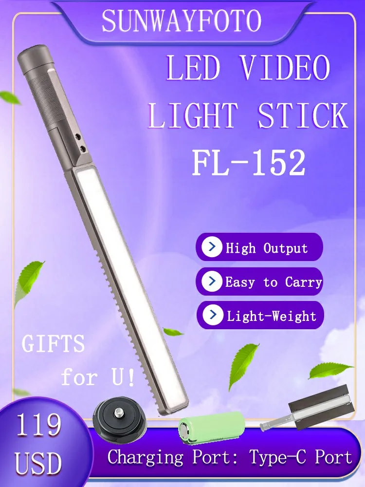 SUNWAYFOTO FL-152 LED Video Light Stick 3000K-5500K Camera Studio Photography Lighting with Removable Battery
SUNWAYFOTO FL-152 LED Video Light Stick 3000K-5500K Camera Studio Photography Lighting with Removable Battery