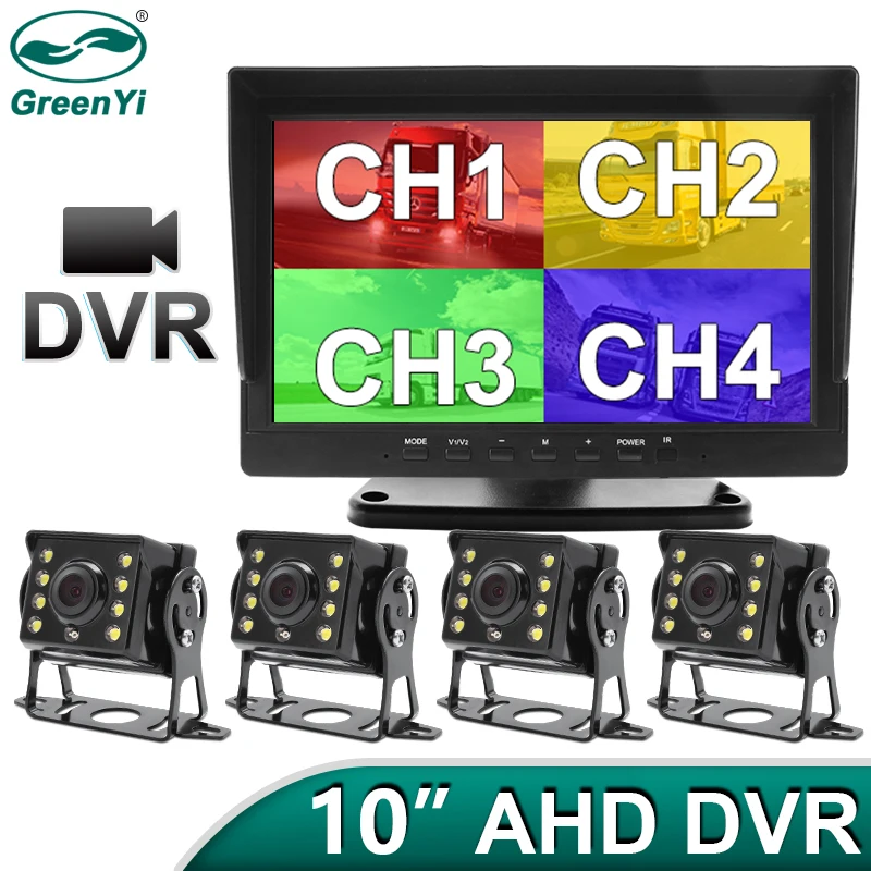 

10-дюймовый 4-канальный AHD-видеорегистратор GreenYi, автомобильный монитор, камера заднего вида с ночным видением для грузовика, поддержка записи SD-карты