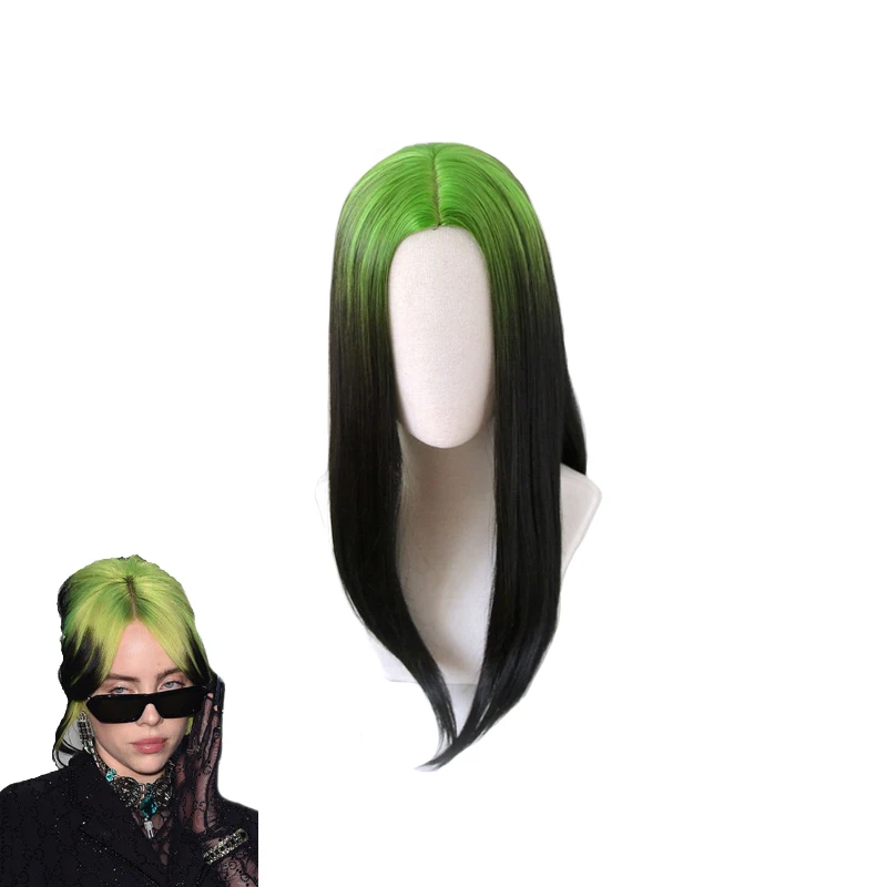 

Hot Fashion Eilish Billie Wig Cosplay Costume Wig Long Black Ombre Green Heat Resistant Synthetic Hair Halloween Party Hair Wigs