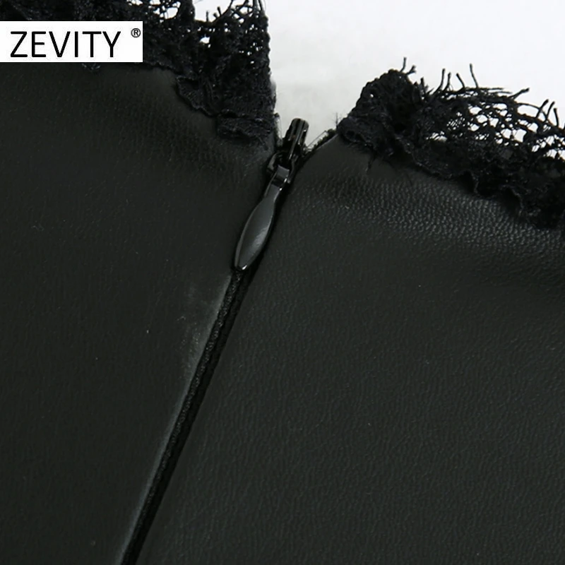 ZEVITY New women lace patchwork casual PU leather A line dress female sleeveless ruffles vestido chic back zipper dresses DS4437