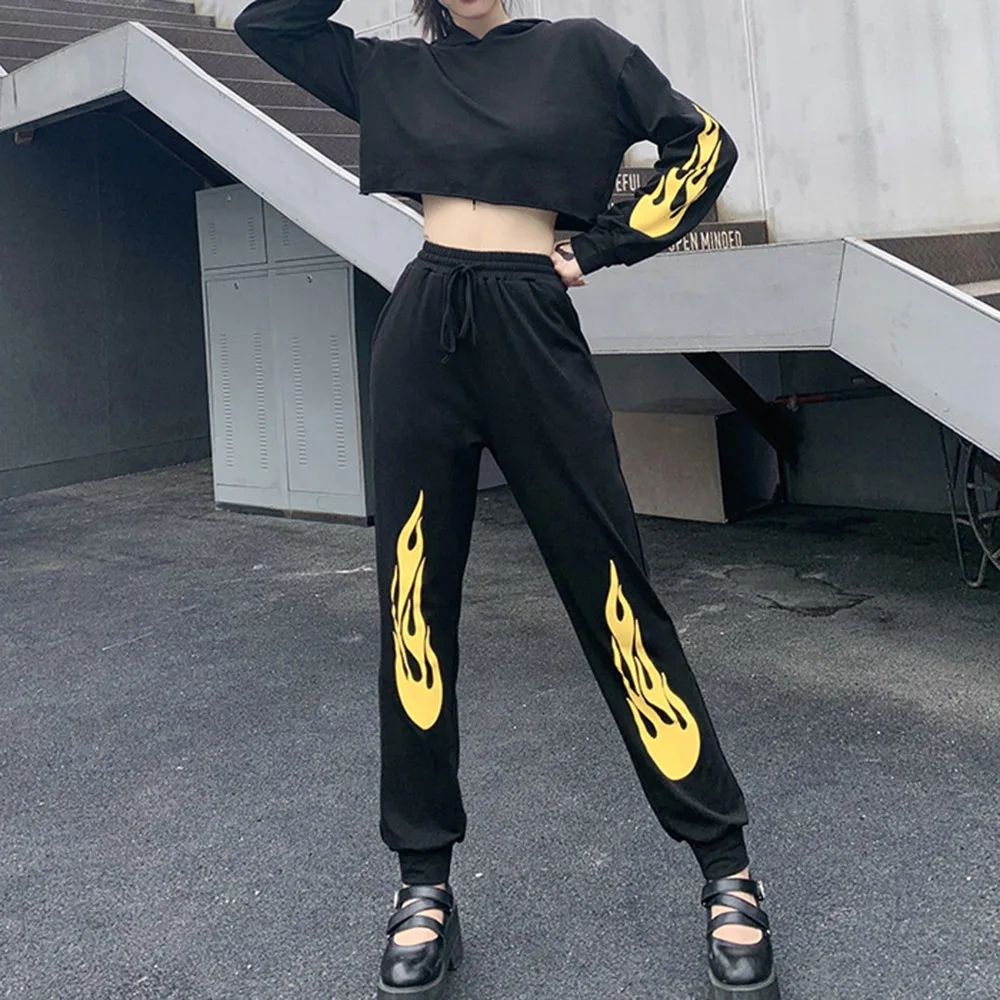 

Flame Print 2 Pieces Sets Tracksuit Fall Winter Women Hoodies+pants Sportwear 2020 Autumn Sporty Two Piece Pullover Outfits