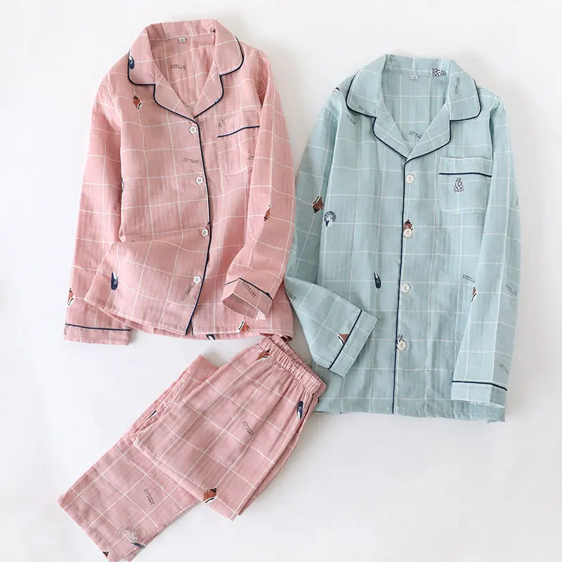 

Japanese style new couple conch lattice pajamas set 100% cotton gauze ladies long sleeve trousers pajamas home service men loose