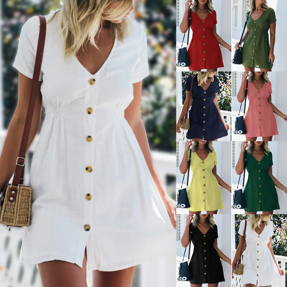 Amazon Hot Selling 2019 Spring New Style WOMEN'S Dress Solid Color V-neck Short Sleeve Single-Row Button High-waisted Dress Wome
Amazon Hot Selling 2019 Spring New Style WOMEN'S Dress Solid Color V-neck Short Sleeve Single-Row Button High-waisted Dress Wome