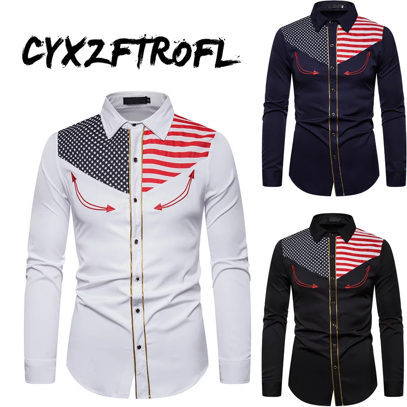 CYXZFTROFL 2020 New Men's Western Cowboy Embroidered Shirt Casual American Flag Button Down Shirts Slim Fit Long Sleeve | Мужская