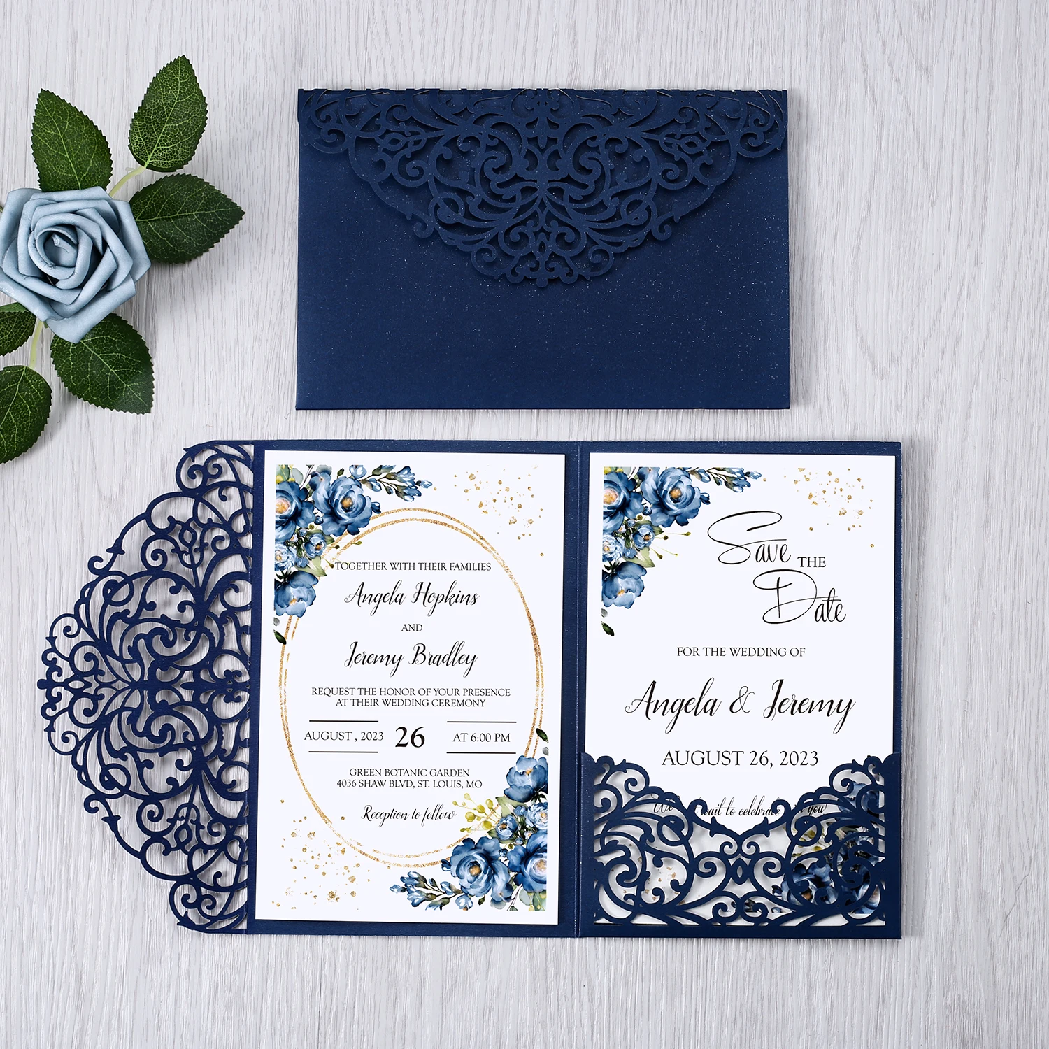100pcs Blue Glitter Laser Cut Hollow Rose Wedding Invitations Cards with Glitter Pockets and Envelopes for Wedding Party
100pcs Blue Glitter Laser Cut Hollow Rose Wedding Invitations Cards with Glitter Pockets and Envelopes for Wedding Party