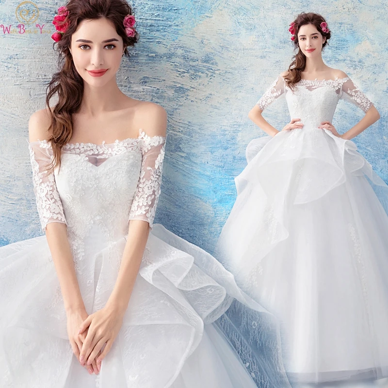 2019 New Boat Neck Half Sleeves Ruffles Ball Gown Wedding Dresses Tulle Elegant Lace Appliques Bridal Gowns vestidos de novia
2019 New Boat Neck Half Sleeves Ruffles Ball Gown Wedding Dresses Tulle Elegant Lace Appliques Bridal Gowns vestidos de novia