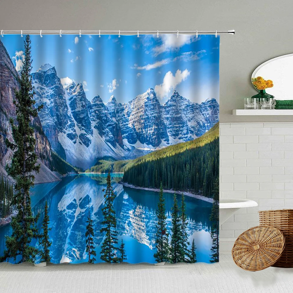 

Natural Scenery Landscape Shower Curtain Snow Mountain Forest Lake Park Photography Bathroom Decor With Hook Polyester Screen