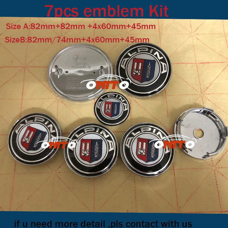 7pcs/set Car Emblem badge For Alpina 82mm/74mm Front Bonnet Rear Label +60mm Wheel hub Covers +45MM Auto Steering wheel sticker
7pcs/set Car Emblem badge For Alpina 82mm/74mm Front Bonnet Rear Label +60mm Wheel hub Covers +45MM Auto Steering wheel sticker