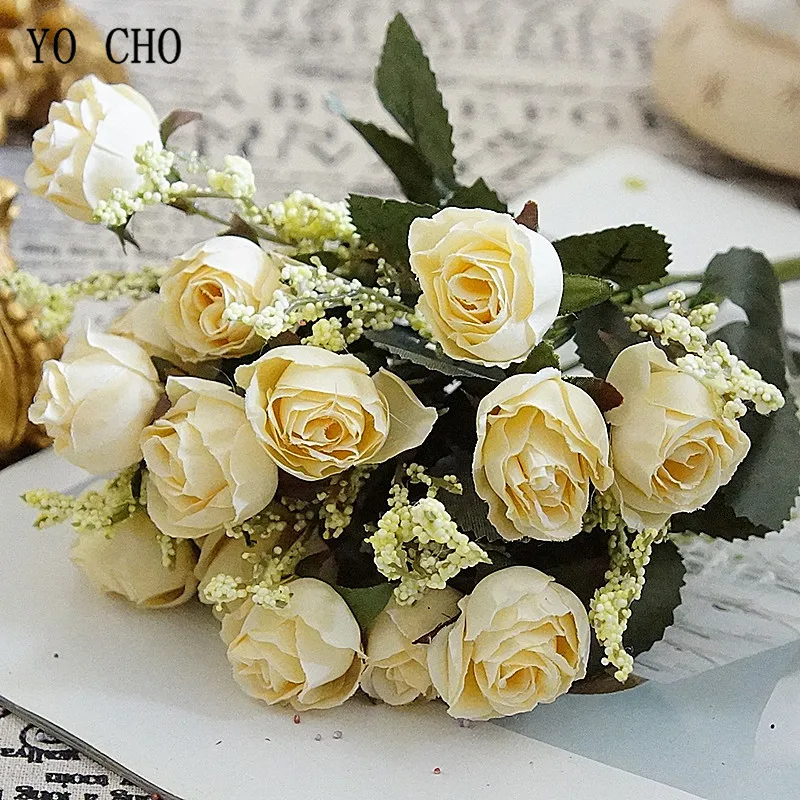 

Искусственный цветок YO CHO, 15 цветов, Шелковая Роза, миниатюрный букет, искусственные цветы, осенняя Роза, букеты «сделай сам» для шампанского, домашний Свадебный декор для стола
