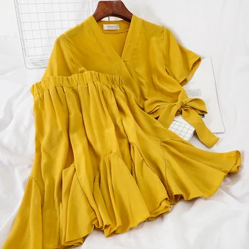 2020 Summer Chiffon Skirt Set Women Bow Short Sleeve Blouse Shirt +elastic Ruffles Mini Skirt Casual Streetwear Yellow Black Set
2020 Summer Chiffon Skirt Set Women Bow Short Sleeve Blouse Shirt +elastic Ruffles Mini Skirt Casual Streetwear Yellow Black Set