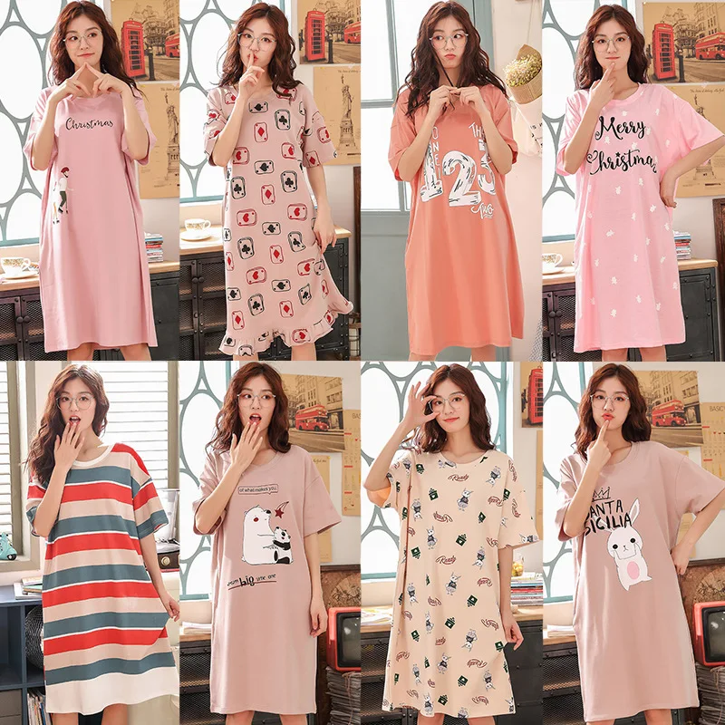 A Grant from Nightgown Female Summer Knitted Cotton Short Sleeve Fresh Style Pajamas Female Youth Long Student's Dress-Outer Wea 
A Grant from Nightgown Female Summer Knitted Cotton Short Sleeve Fresh Style Pajamas Female Youth Long Student's Dress-Outer Wea