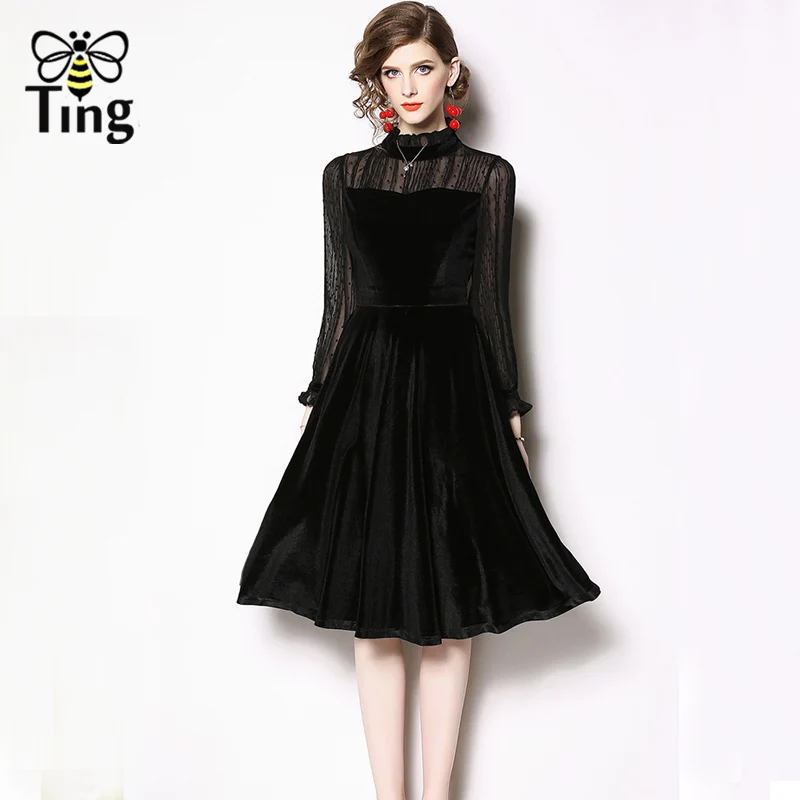Tingfly New Fashion Chiffon Top Patchwork Velvet Black Dress Sweety Party Dresses Lady Elegant Velvet Kee Length Dresses Vestido 
Tingfly New Fashion Chiffon Top Patchwork Velvet Black Dress Sweety Party Dresses Lady Elegant Velvet Kee Length Dresses Vestido