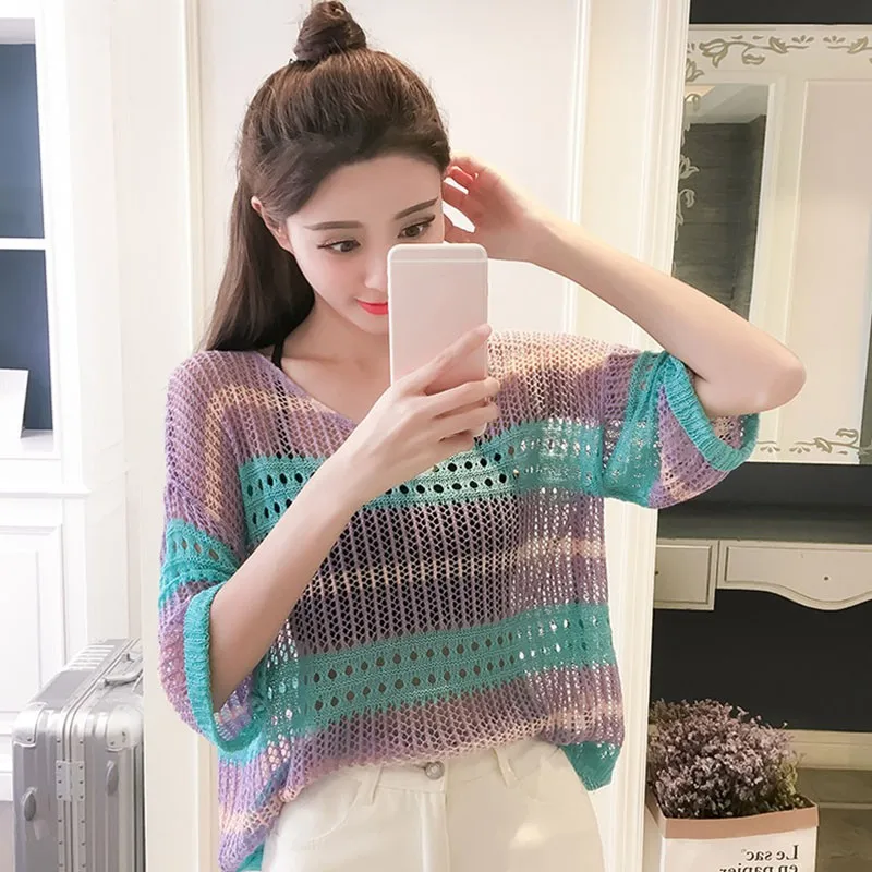 Summer Women Fresh Hollow Out T-shirt Fashion Rainbow Striped Ice Silk Knitted Five-point Sleeve Loose Top
Summer Women Fresh Hollow Out T-shirt Fashion Rainbow Striped Ice Silk Knitted Five-point Sleeve Loose Top