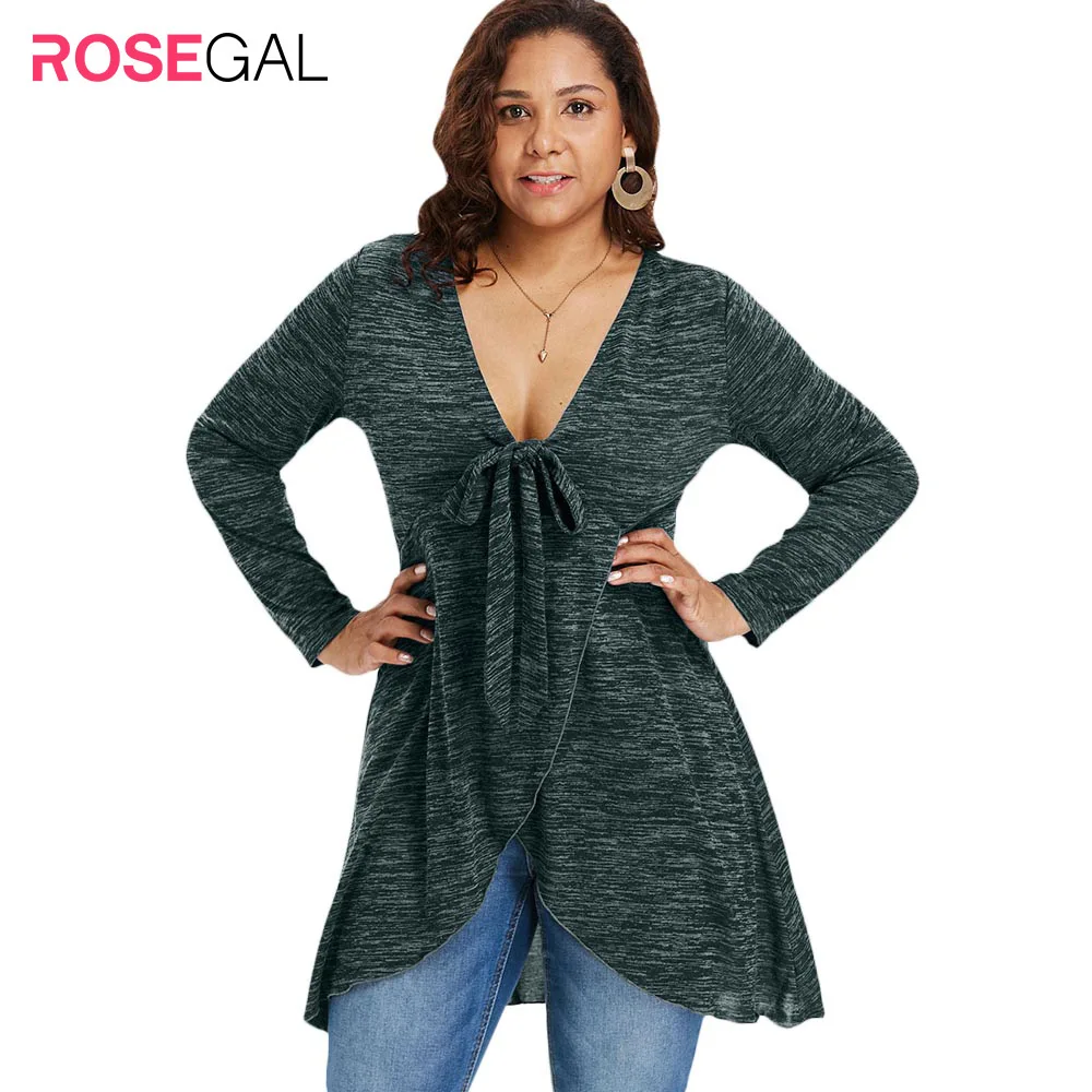 ROSEGAL Plus Size Marled Overlap Tunic Women Tops V Neck flattering tie Long Sleeve Solid Color Ladies Clothes |