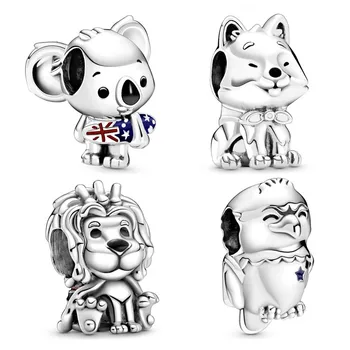 Surfing Koala Union Jack Lion Bald Eagle Akita Inu Dog With Flag Bead Fit 925 Sterling Silver Charm Pandora Bracelet Diy Jewelry