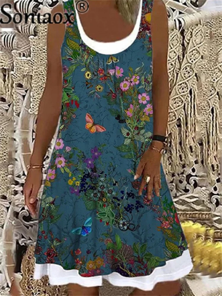 2021 Women Floral Print Dress Summer Casual Fake Two Piece Digital Printing Sundress Women's O-Neck Robe Dress Femme
2021 Women Floral Print Dress Summer Casual Fake Two Piece Digital Printing Sundress Women's O-Neck Robe Dress Femme