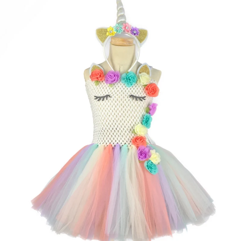 

Girls Pastel Rainbow Unicorn Flower Tutu Dress Kids Crochet Tulle Dresses with Headband Children Party Cosplay Costume Dress