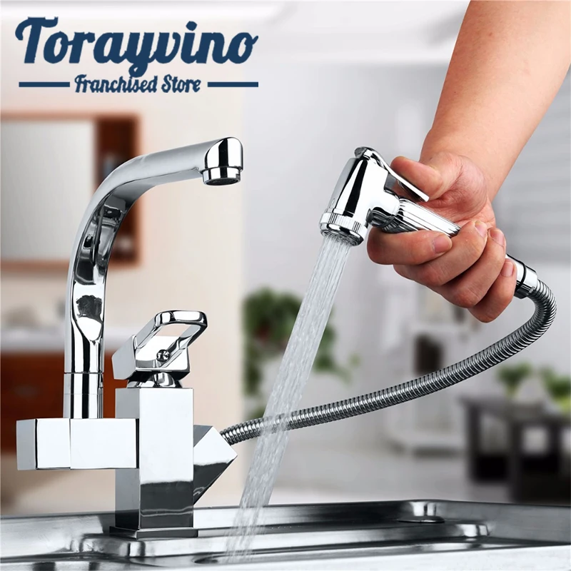 Фото Torayvino Kitchen Sink Faucet Brass chrome Mixer Tap With Pull Out Spray Swivel Spout Chrome Deck Mounted Faucets | Обустройство дома