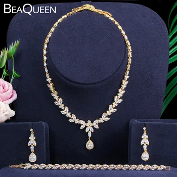 BeaQueen Luxury Dubai Gold Cubic Zirconia Leaf Drop Wedding Earrings Necklace Bracelet 3 Pcs Dress Jewelry Sets for Brides JS217
BeaQueen Luxury Dubai Gold Cubic Zirconia Leaf Drop Wedding Earrings Necklace Bracelet 3 Pcs Dress Jewelry Sets for Brides JS217
