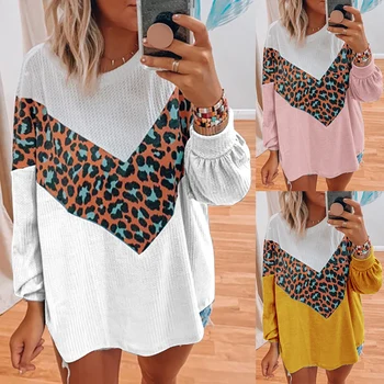 

Casual Round Neck Sweater Women Contrast Colour Leopard Printed Pullover Pull Femme Winter Round Neck Long Sweater Mujer D30