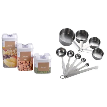 3PCS Rectangular Food Flour Beans Airtight Flip Container & 10Pcs Measuring Cups Stackable Tablespoons Measuring Spoon