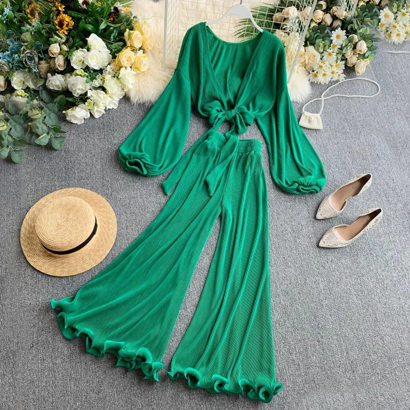 Women Two Pieces Set Elegant Wrap Top +ruffles Wide Leg Pant 2pcs Lantern Sleeve V Neck Women Set Clothes
Women Two Pieces Set Elegant Wrap Top +ruffles Wide Leg Pant 2pcs Lantern Sleeve V Neck Women Set Clothes