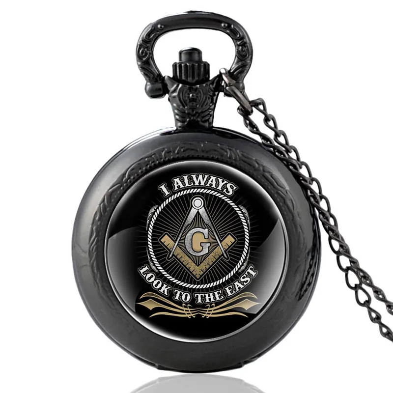 Черные классические кварцевые карманные часы Masonic I Always Look East Glass с кабошоном