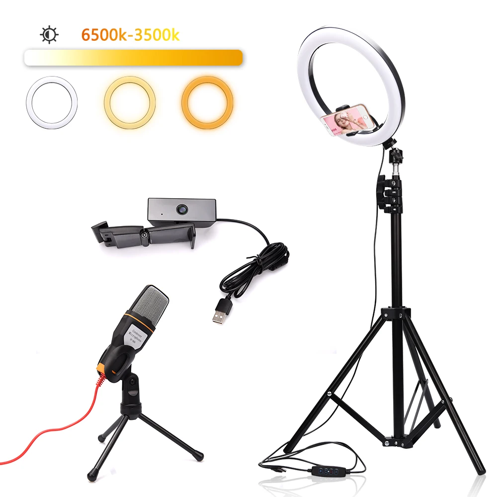 Video Light Dimmable LED 26cm Selfie Ring Light 3.5mm Jack Condenser Microphone Mini Computer HD 1080P Webcam for Live Broadcast
Video Light Dimmable LED 26cm Selfie Ring Light 3.5mm Jack Condenser Microphone Mini Computer HD 1080P Webcam for Live Broadcast