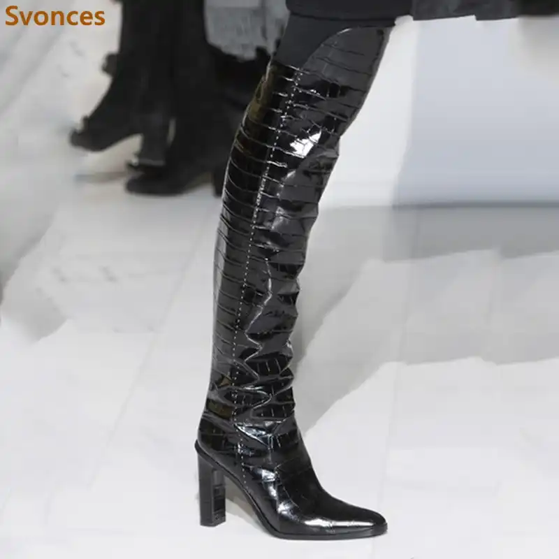 black patent croc knee high boots