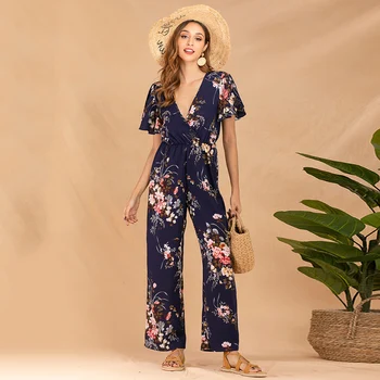 Summer women casual V-neck ruffle sleeve printed jumpsuit elastic waist trousers elegant loose holiday slim long rompers
Summer women casual V-neck ruffle sleeve printed jumpsuit elastic waist trousers elegant loose holiday slim long rompers