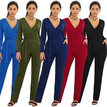 European and American fashion ladies jumpsuits V-neck Slim lace up long sleeve suit jumpsuit women one piece outfits Polyester
European and American fashion ladies jumpsuits V-neck Slim lace up long sleeve suit jumpsuit women one piece outfits Polyester