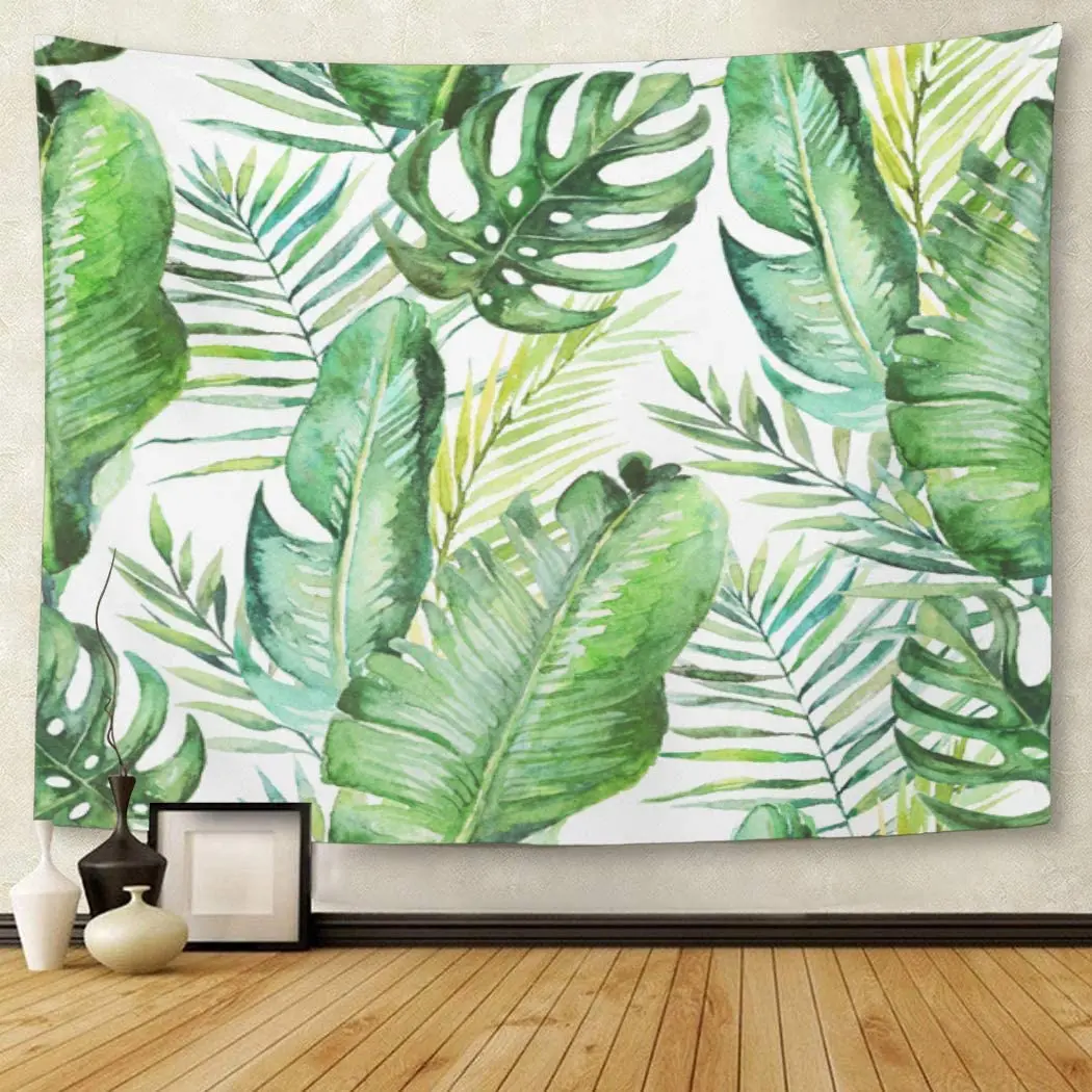 

Green Tropical Palm Fern Leaves on Watercolor Hand Jungle Tapestry Wall Hanging for Living Room Bedroom Dorm 50x60 inches