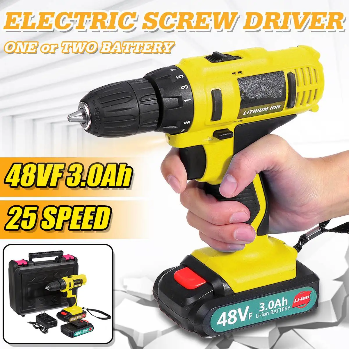 48VF Cordless Electric Screwdriver Cordless Drill Li-Ion Battery Handheld Rechargeable Drill Impact Power Driver LED Lighting
48VF Cordless Electric Screwdriver Cordless Drill Li-Ion Battery Handheld Rechargeable Drill Impact Power Driver LED Lighting
