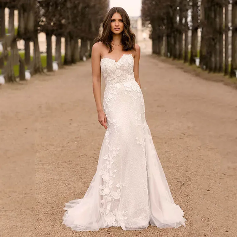Eightree Flower Lace appliques Wedding Dress Mermaid Tulle Strapless Bride Gown robe de soiree Backless Beach Wedding Dress 2019
Eightree Flower Lace appliques Wedding Dress Mermaid Tulle Strapless Bride Gown robe de soiree Backless Beach Wedding Dress 2019