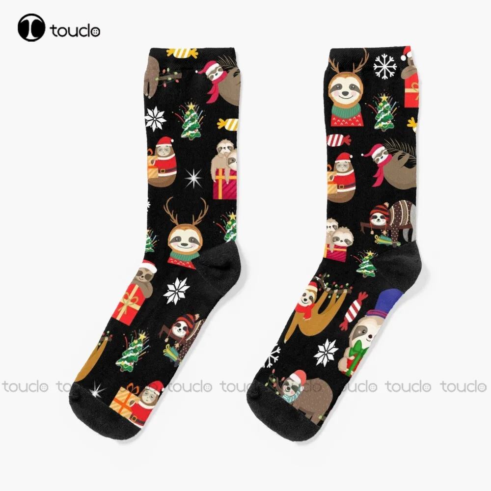 

Sloth Christmas Socks Mens Black Crew Socks Personalized Custom Unisex Adult Teen Youth Socks 360° Digital Print Funny Sock
