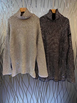 2020 autumn and winter fashion new women's high-neck heavy-duty drill long-sleeved loose mid-length sweater 927 
2020 autumn and winter fashion new women's high-neck heavy-duty drill long-sleeved loose mid-length sweater 927