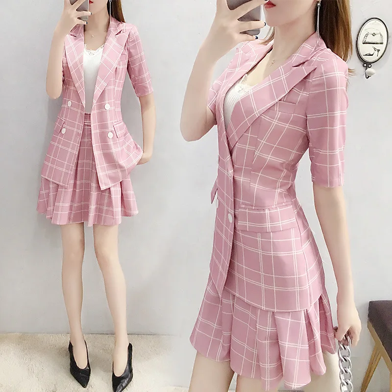 Playful Dress Outfit Women's Korean-style Elegant Plaid Suit with Half-length Skirt Two-Piece Set Summer Hot Sales Pink 
Playful Dress Outfit Women's Korean-style Elegant Plaid Suit with Half-length Skirt Two-Piece Set Summer Hot Sales Pink