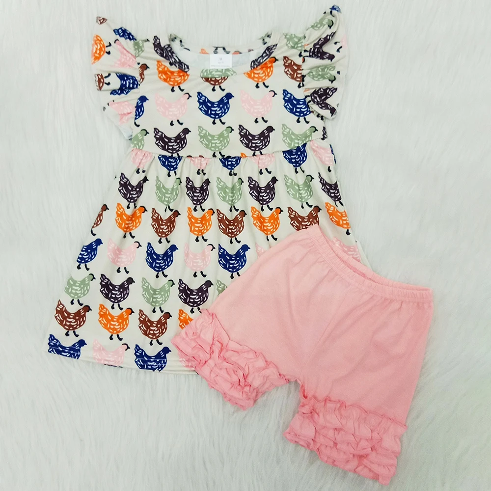 

Hot Sale Toddler Baby Girls Clothes Chicken Printed Cute Girls Summer Clothing Tunic Top Icing Shorts Boutique Kids Girl Outfit