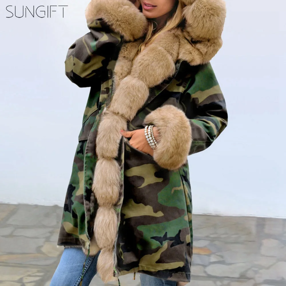 Sungift 2019 Women Winter High Quality Fur Coat Luxury Long Thick Warm Plus Size Female Plush Coats Hooded Camouflage Women Coat 
Sungift 2019 Women Winter High Quality Fur Coat Luxury Long Thick Warm Plus Size Female Plush Coats Hooded Camouflage Women Coat