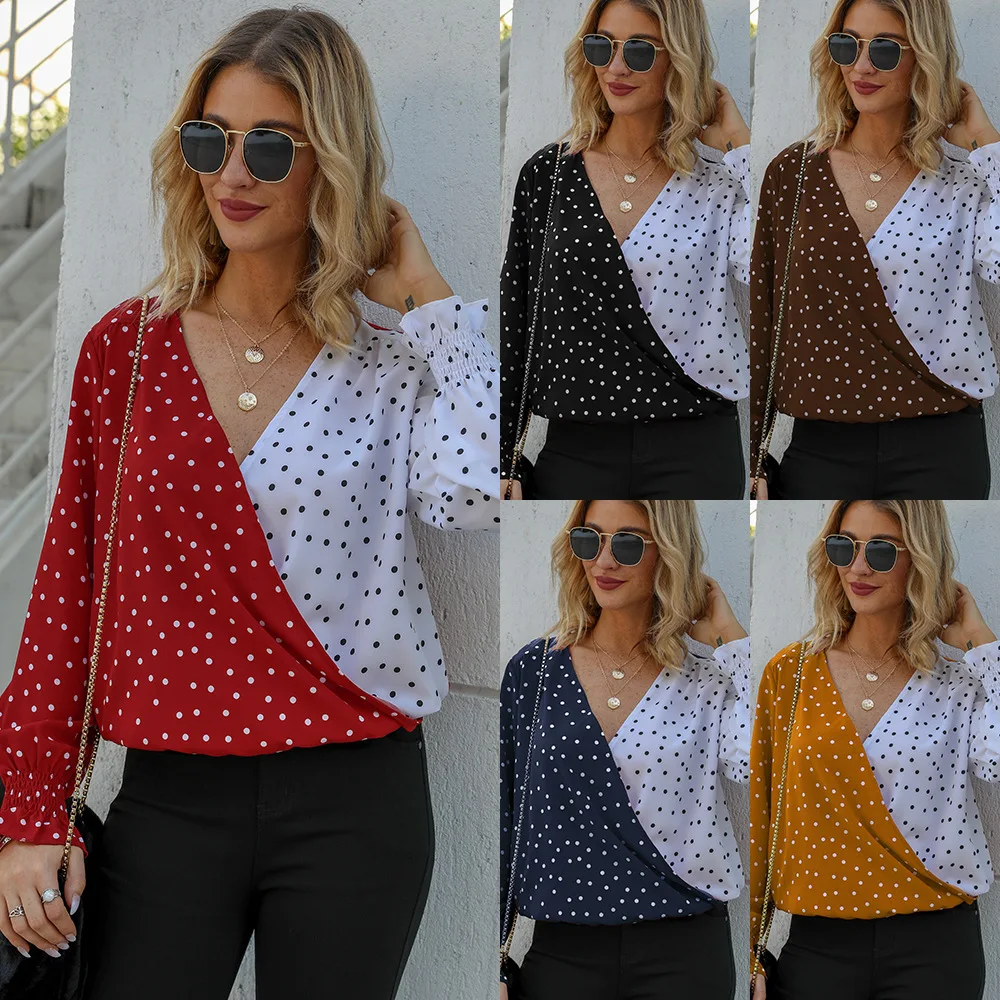 Autumn New Blouse Women Hot Style Loose Type Sexy V Collar Patchwork Wave Point Print Pullovers Womens Tops And Blouses 2020
Autumn New Blouse Women Hot Style Loose Type Sexy V Collar Patchwork Wave Point Print Pullovers Womens Tops And Blouses 2020