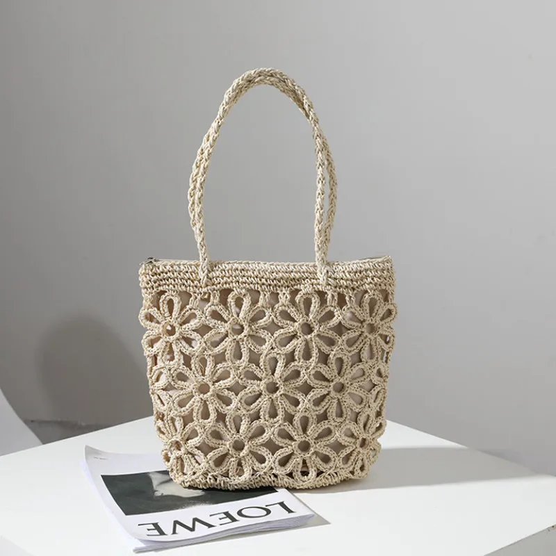 

Casual Straw Bags Hollow Flower Women Straw Woven Bag Women's Shoulder Portable Seaside Vacation Beach Rattan Bag Female Handbag