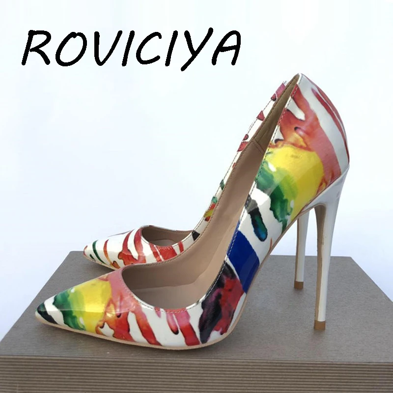 

White with colourful pigment printed lady shoes sexy high heels multicolors women pumps 12cm QP021 ROVICIYA