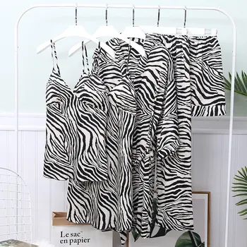 New 5 Pieces Pajamas Set Women Satin Ice Silk Zebra Pattern Full Length Home Wear Sexy Sleepwear with Chest Pad Pajama lingerie 
New 5 Pieces Pajamas Set Women Satin Ice Silk Zebra Pattern Full Length Home Wear Sexy Sleepwear with Chest Pad Pajama lingerie